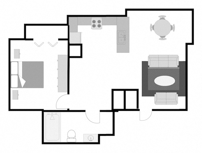 Floor plan for 1 bed, 1 bath, 553 sqft